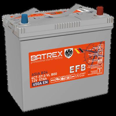 BATREX 4610082700345 Аккумулятор ASIA EFB 57 Ah, 450 A, 236 х 128 х 223 обр. 75B24L