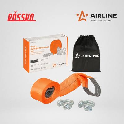AIRLINE ATWP008 Трос VIP буксировочный усиленный (лента) 25 т, 6 м , 2 металл. шакла, с мешком